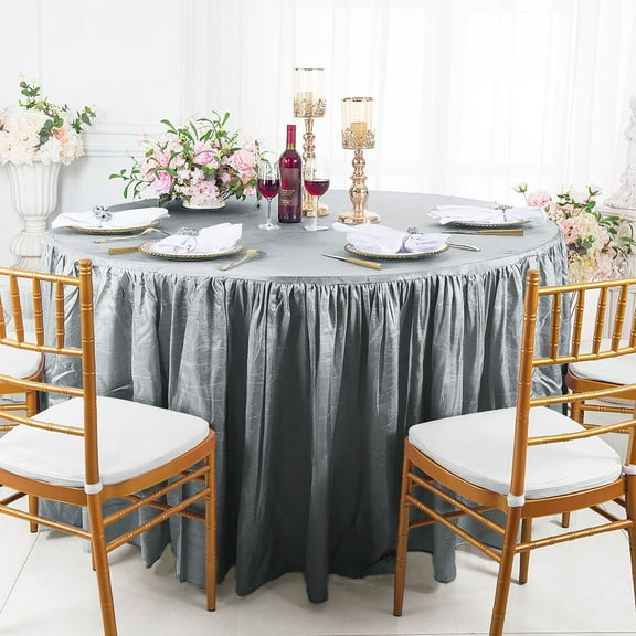 Wedding Linens Inc. 60"W x 30"H Round Ruffled Fitted Crushed Crinkle Taffeta Tablecloth Table Cover Linens With Skirt - White