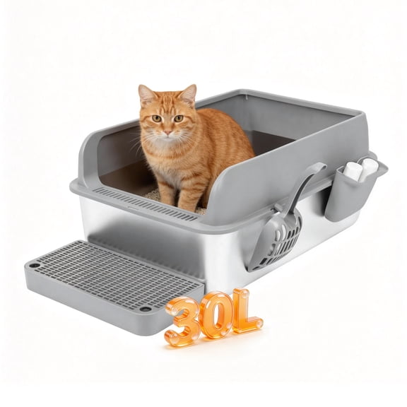 Stainless Steel Litter Box, 30L Capacity High Sided Cat Litter Box with Scoop and Case, Lid, Footboard, 2 Rolls of 30 Bags for Small/Big/Multi Cats