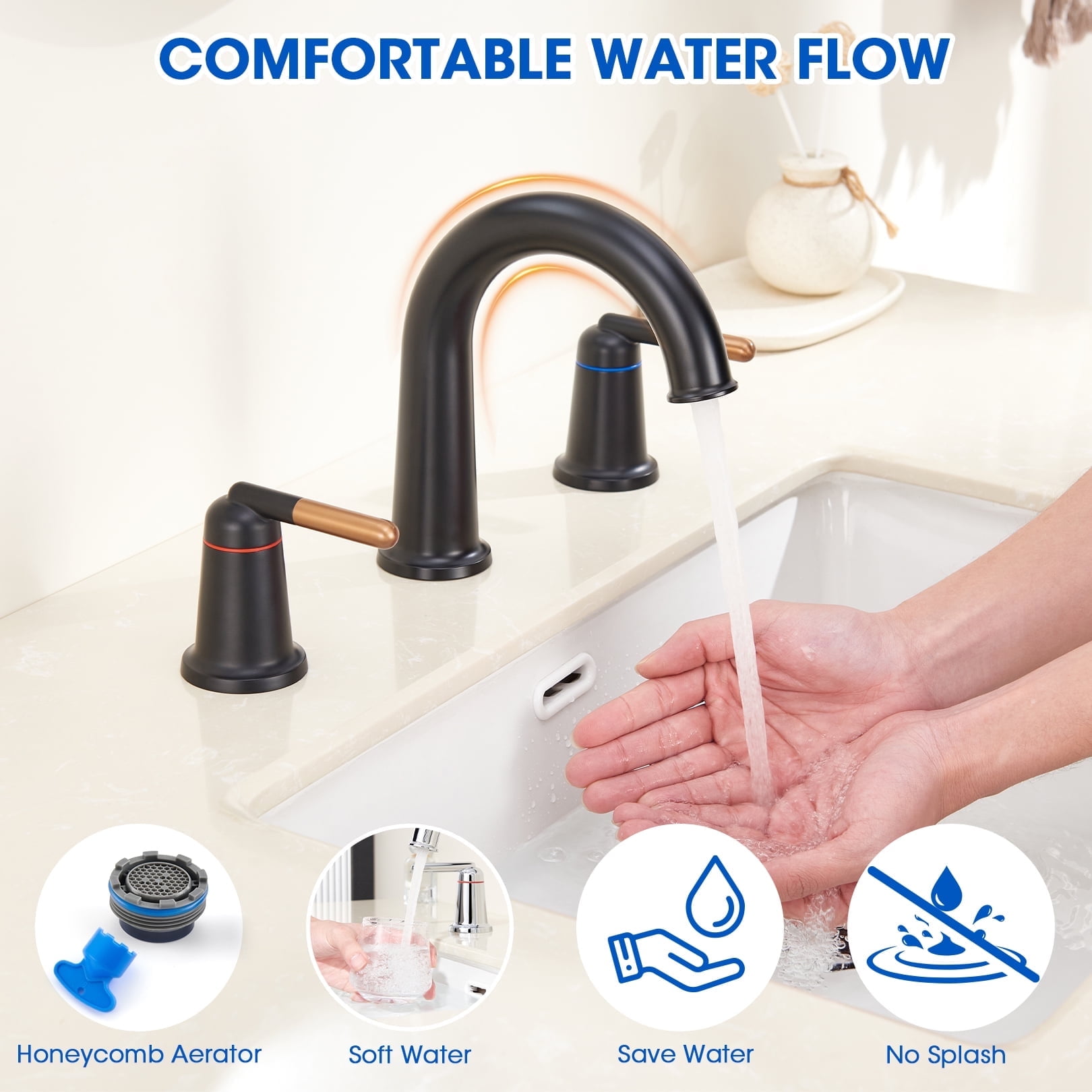 Wowkk Sanitary Ware Brass Bathroom Sink Faucet 2 Handles Widespread Bathroom Faucet 3 Hole, Pop-Up Drain and cUPC Supply Lines Included, Basin Faucets for Vanity Rv Restroom, Rose Gold Matte Black
