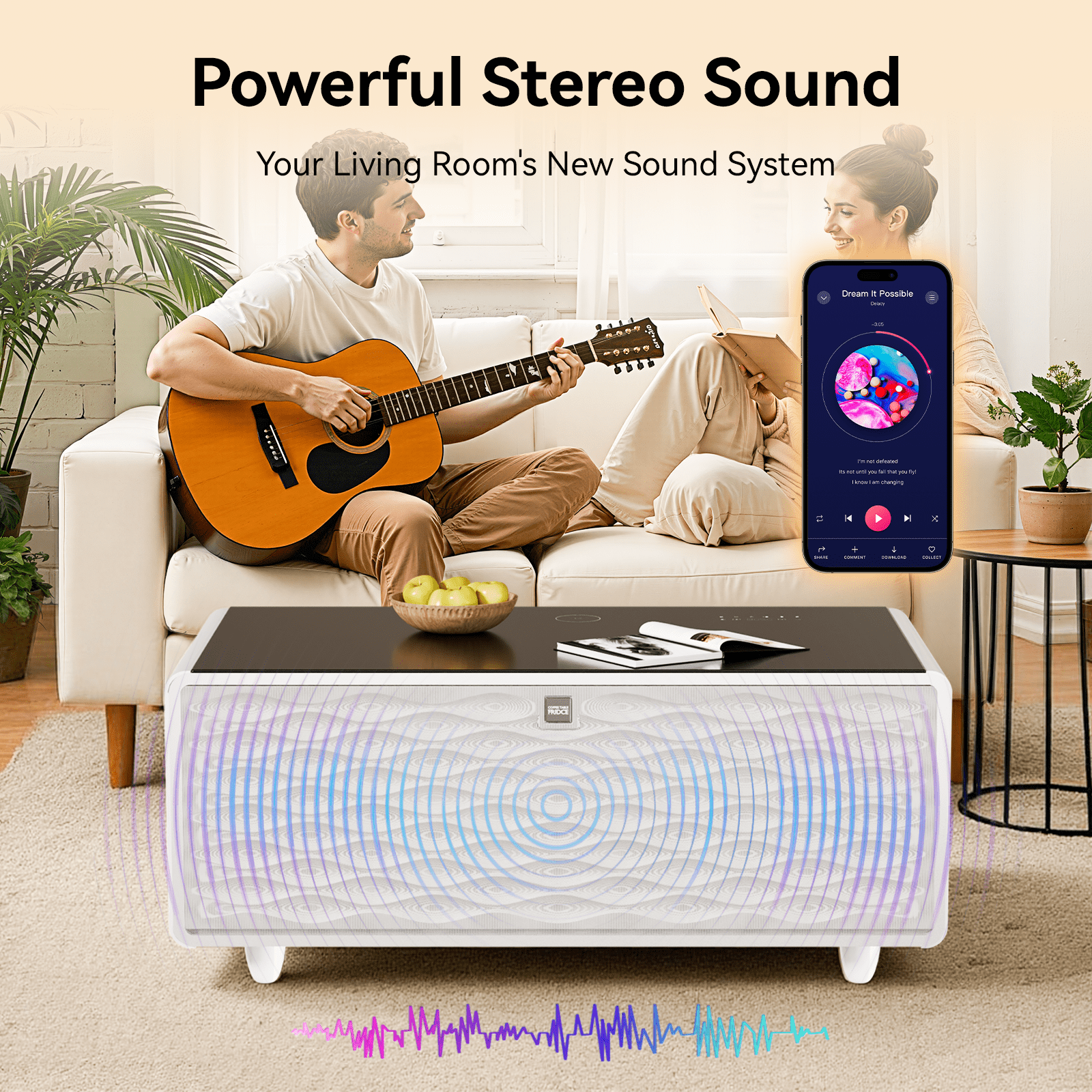 Smart Coffee Table with Dual-Drawer Cooling, Freezer Function, Wireless Charging, Bluetooth Speakers & LED Lights – Perfect for Modern Living Spaces