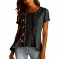 thumbnail image 2 of Womens Embroidered Tops Boho Peasant Gauze Blouses Flowy Tops For Women Solid Color Work Blouses Short Sleeve Henley Tops Lightweight Linen Blouses For Women Peasant Blouse Black 2XL, 2 of 9