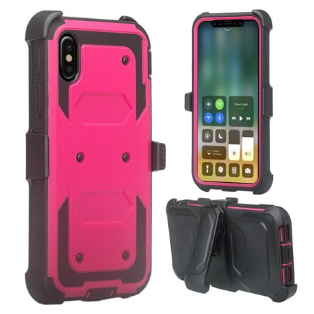 For Apple iPhone X Case, SOGA [TriGuard] Shockproof Rugged Hybrid Armor Case Cover with Belt Clip Holster & Built-in Screen Protector for Apple iPhone X - Pink
