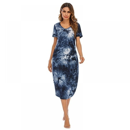 

Nightgown Women Casual Loungewear Comfy Housedress Scoop Neckline Lounge Dress Nightshirt with Pocket S-XXL
