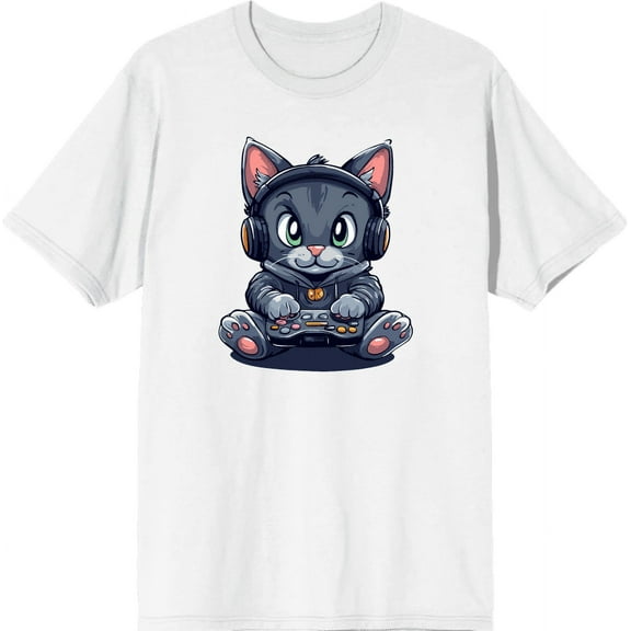 Focused Gamer Cat Adult White Crew Neck Short Sleeve Tee-Medium