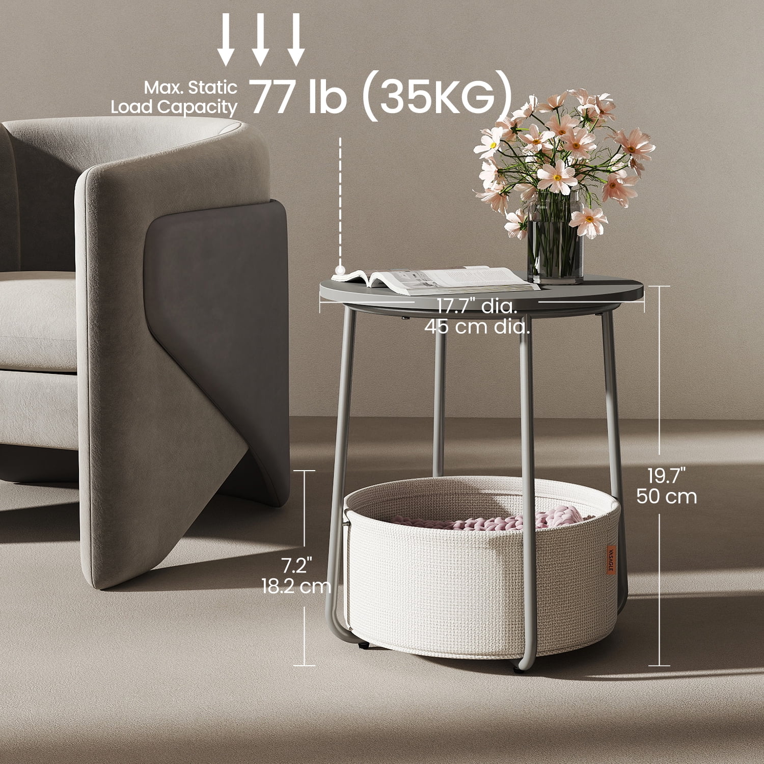 LEDREM Modern Round Accent Table with Fabric Storage Bin, Compact Nightstand for Bedroom & Living Area, Space-Saving Furniture with Patented Design, Gray & White