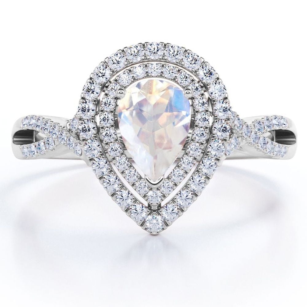 JeenMata 1.75 Carat Almond Shape Rainbow Moonstone and Moissanite - Dual Cluster - Pave Twisted Band - Engagement Ring - 18K White Gold Plating over Silver