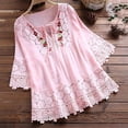 thumbnail image 2 of Women's Tops Dressy Casual Spring Summer Blouse Vintage Lace Patchwork Bow V-Neck Eyelet Embroidery Three Quarter Retro Solid Tops T-Shirt, 2 of 4