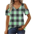 thumbnail image 2 of USSUMA Tax Free Weekend Womens Summer Tops Short Sleeve V Neck Plaid Checkered Loose Tunic Pullover T-Shirt Off Shoulder Tshirt Athletic Classic Fit Summer Clothes for Outdoor Green M, 2 of 7