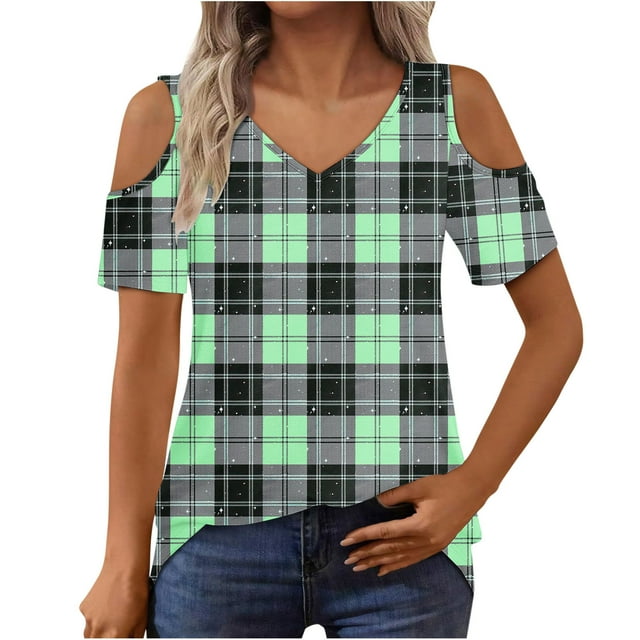 Tops de Algodón para las Mujeres Impresión de Manga Corta Cuello en V Fuera Del Hombro Blusa de Moda, Imitación de Algodón para el Hogar Diario