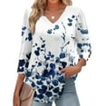 thumbnail image 5 of Xyxonk Womens Tops 3/4 Sleeve Dressy Casual V Neck Shirt Loose Fit Retro Print Blouses Fall Trendy Clothes Royal Blue L, 5 of 5