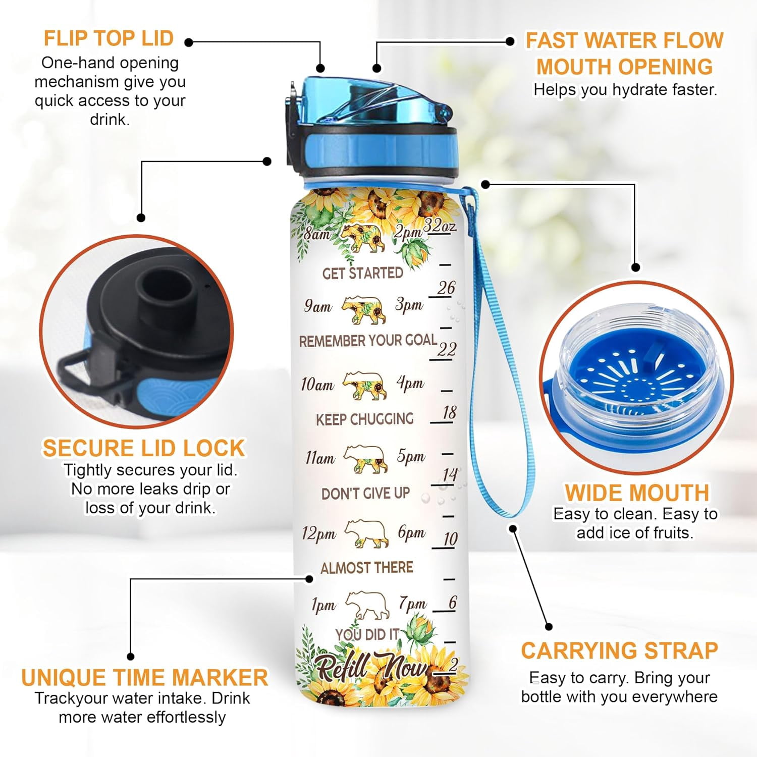 Bear Lovers Water Bottle - 32 Oz 1Liter Motivational Bottle With Time Marker, Mama Bear With Sunflower Gift For Animal Lovers, Women, Girls, Mom on Birthday, Christmas