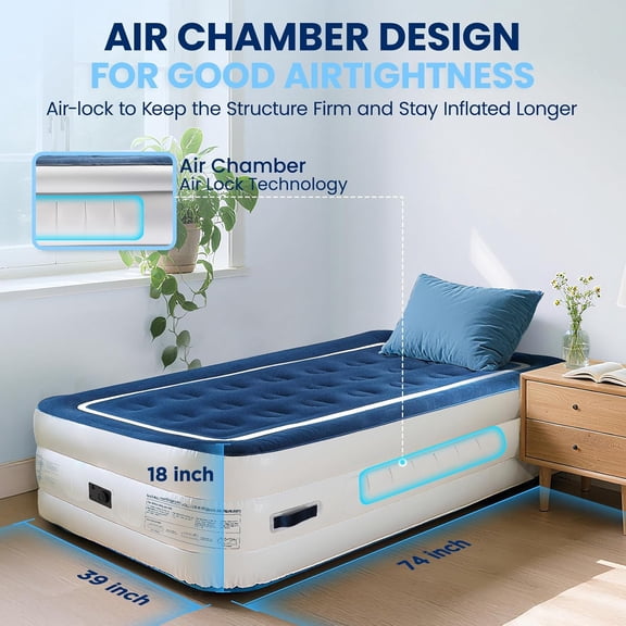 Twin Air Mattress with Built in Pump and 4 Portable Handles, 18" Raised Comfort Blow Up Mattress for Guests, 440lb Support Air Bed with Carry Bags, Heavy Duty Inflatable Bed for Home&Camping