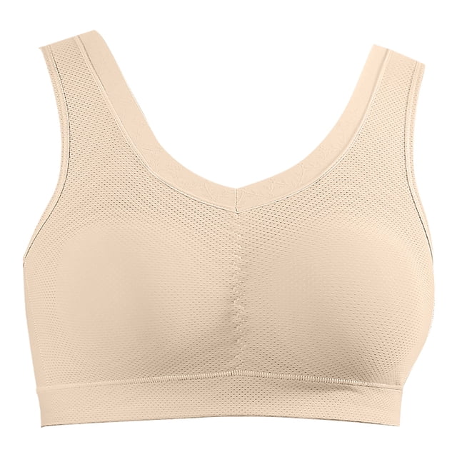 AherBiu Plus Size Bras for Women High Support Seamless Bralettes in a beige color. This full-coverage, no-padding bra features a seamless design with side-smoothing panels and allover stretch fabric for comfort and support. Suitable for daily wear, casual outings, or activities like yoga and travel. Shown in a front-facing view with a textured fabric and wide straps for added support.