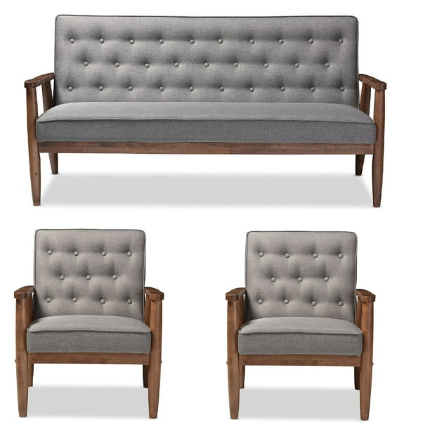 Baxton Studio Sorrento Mid-Century Retro Modern Fabric Upholstered Wooden 3-Seater Sofa with, 2 