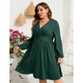 thumbnail image 3 of Women's Long Sleeve V Neck Knotted Elastic Front Knee Length Plus Size Midi Dress, 3 of 5