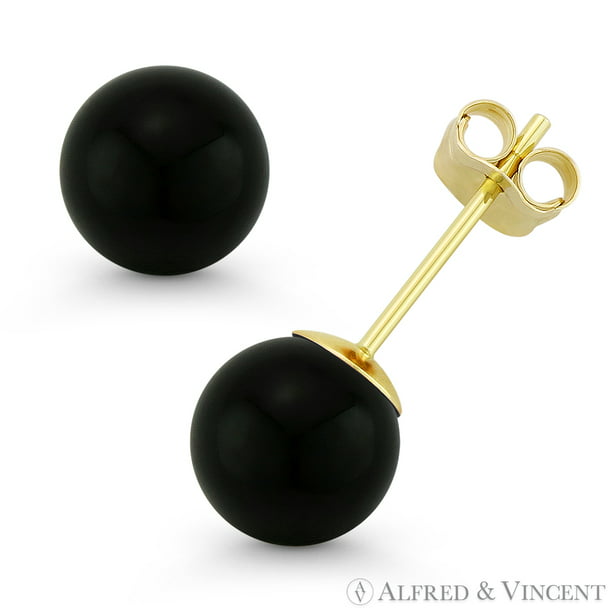 Black Onyx Ball Stud Earrings in Solid 14k Yellow or White Gold