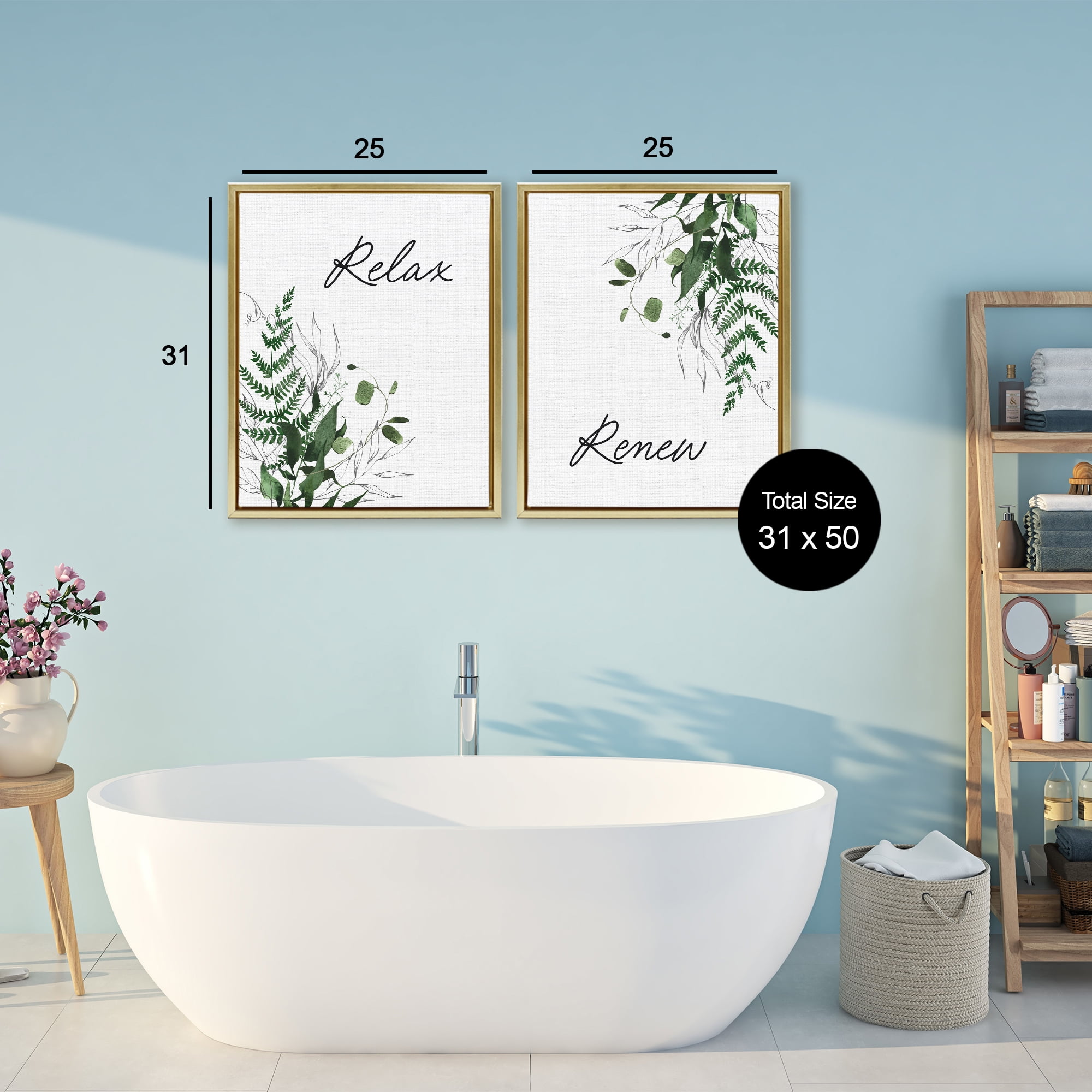 Relax Renew Botanical Leaves 2 Piece Gold Framed Floater Canvas Set, design by Lettered and Lined