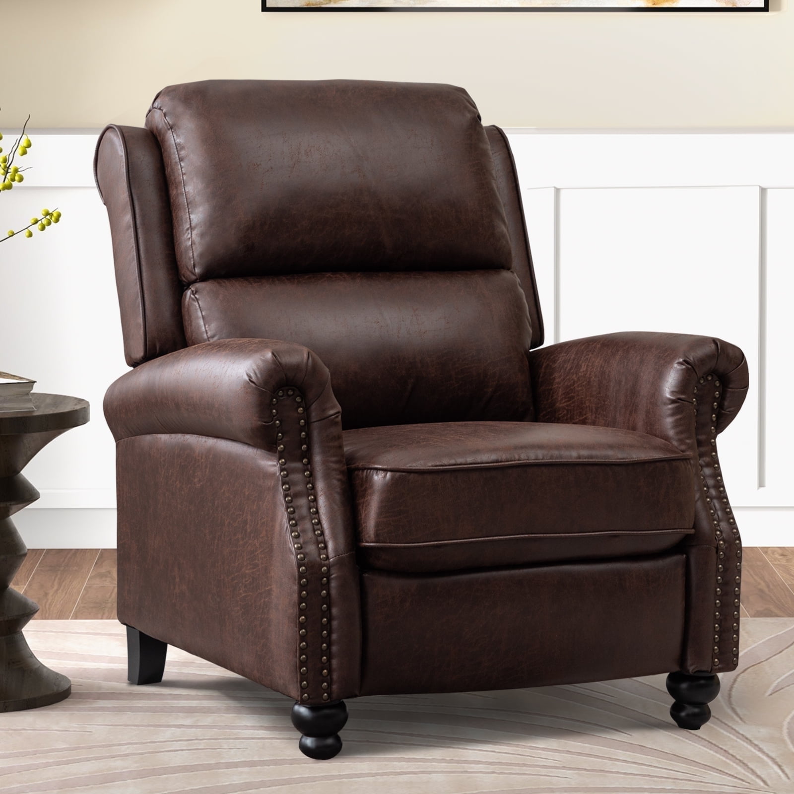 Bonzy Home Pushback Recliner Chair Leather Armchair Push Back Recliner with Nail Head Single Sofa Accent Chair for Living Room, Chestnut