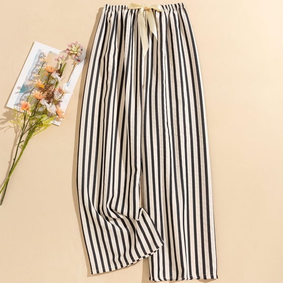 Dasayo Elastic Waist Womens Pants Wide Leg Pajama Beige Striped Cozy Loose Pants Sweat Pants for Womens Free Size