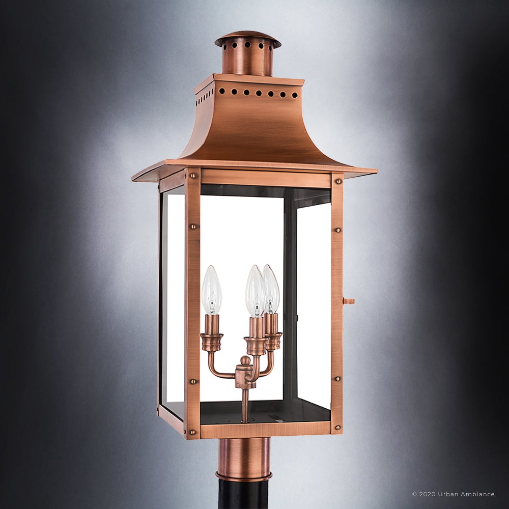 Luxury Antique Outdoor Post Light, 26.00''H x 12.00''W, with French Country Style Elements, Old World Design, Rustic Copper Finish and Clear Glass, UQL1410