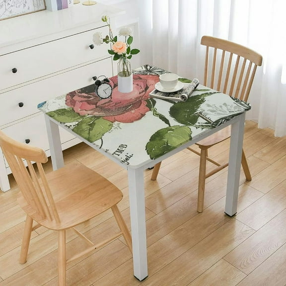 HAOXIT Pastel Rose Floral Vinyl Flannel Backed Tablecloth,Square, Roses and Spring Print Vinyl Tablecloth with Flannel Backing 36*36