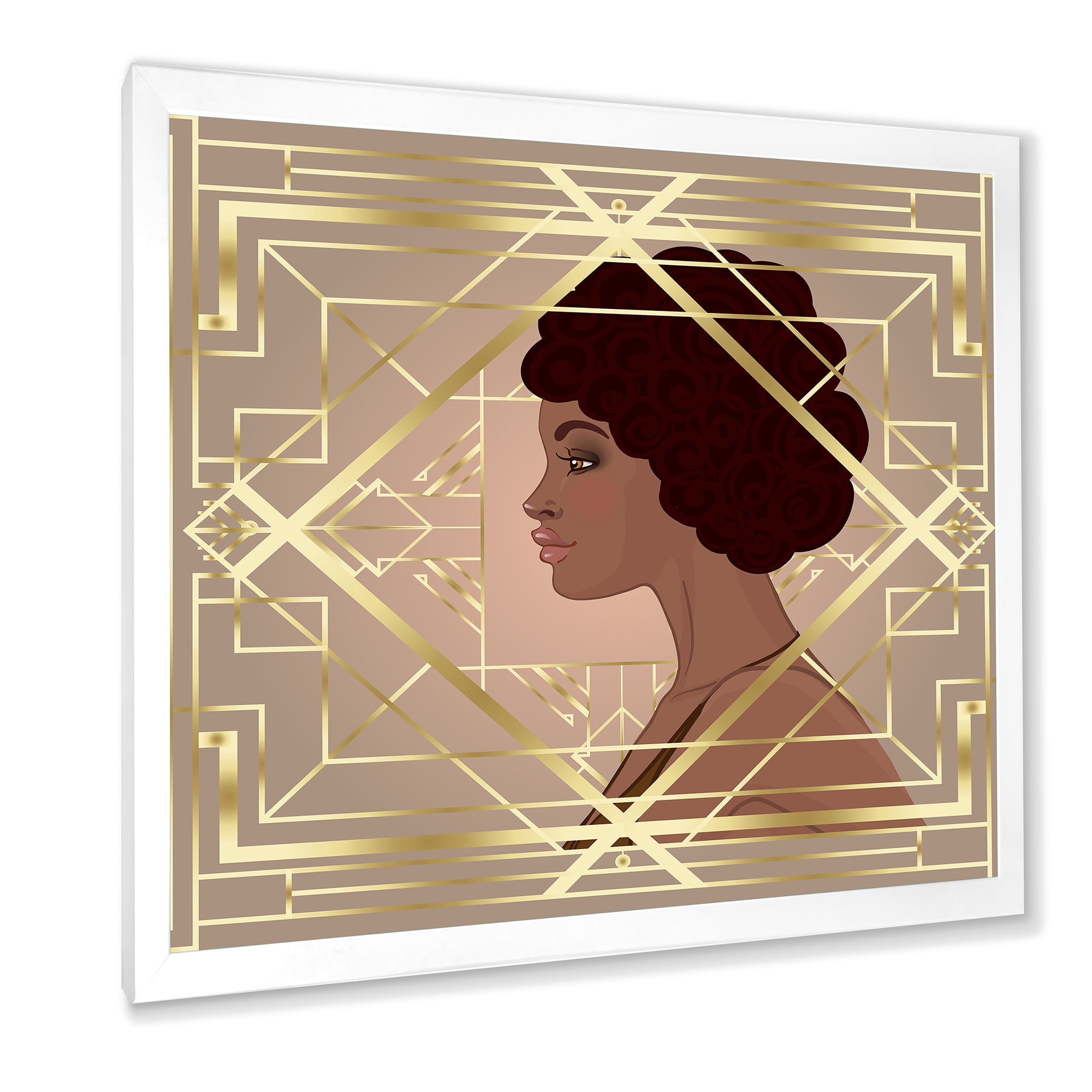 Designart 'Retro Girl In Golden Art Deco Geometrics II' Modern Framed Art Print
