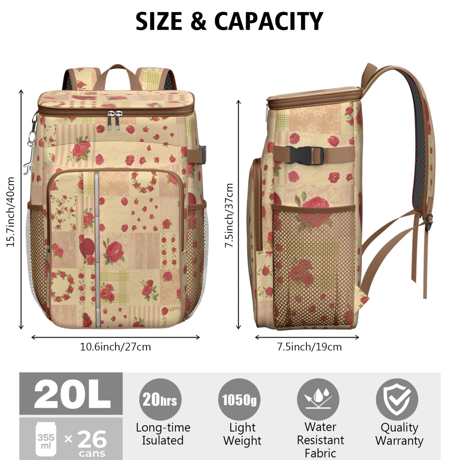 Travel Cooler Bag - Pioneer Flower Floral Print Pattern Camping Beer Cooler Backpack with Bottle Opener- Waterproof Insulated Picnic Backpacks - Cooler Bag for Beach