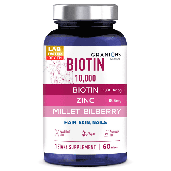 Granions Biotin 10,000 mcg Hair, Skin and Nails Pills - Selenium, Zinc, Millet, Bilberry Extracts, Aminos - 60 Tablets