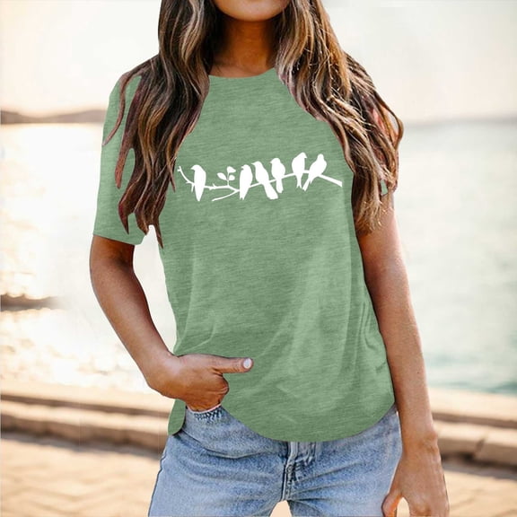 Trendfront Womens Summer Crew Neck Short Sleeve Tops Cute Bird Animal Graphic Pattern Printed Tees Casual Everyday Style T-Shirts