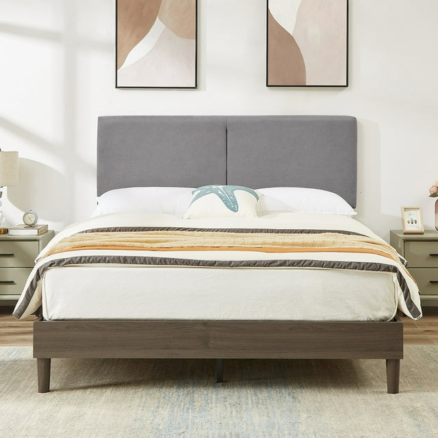 VECELO Lit Format Grand Lit avec Tête de Lit Réglable, Lattes de Bois Robustes, Sans Sommier Requis, Gris Foncé