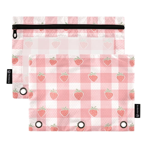 2 Pack 3 Ring Binder Pouch with Clear PVC Window Water Resistant Zipper Pencil Pouch Pink Gingham Strawberry Binder Pocket for Classroom Office Home Stationery Organization