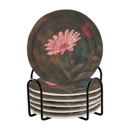 

6 Pcs Drink Coasters with Holder Absorbent Coasters Minimalist Home Decor Coaster Set Stylish Handmade Round Woven Coaster for Drinks Table Desk Protection A Pink Daisy Flower