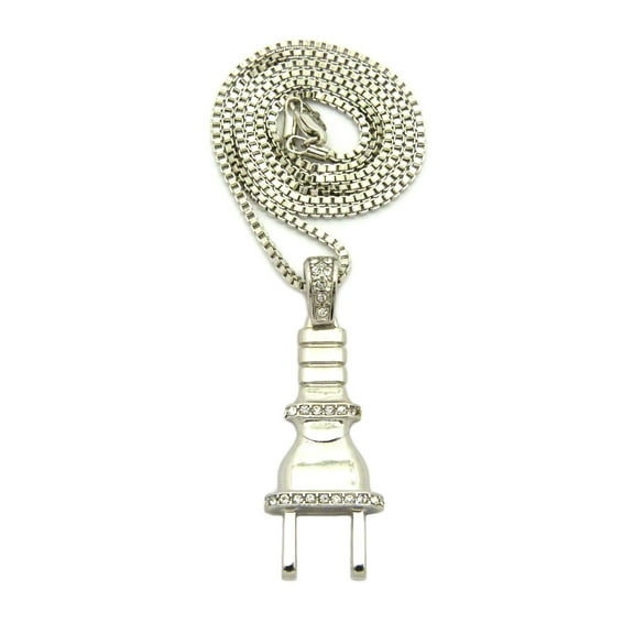 Polished Stud Power Plug Pendant with Chain Necklace - 2mm 24" Silver-Tone Box Chain