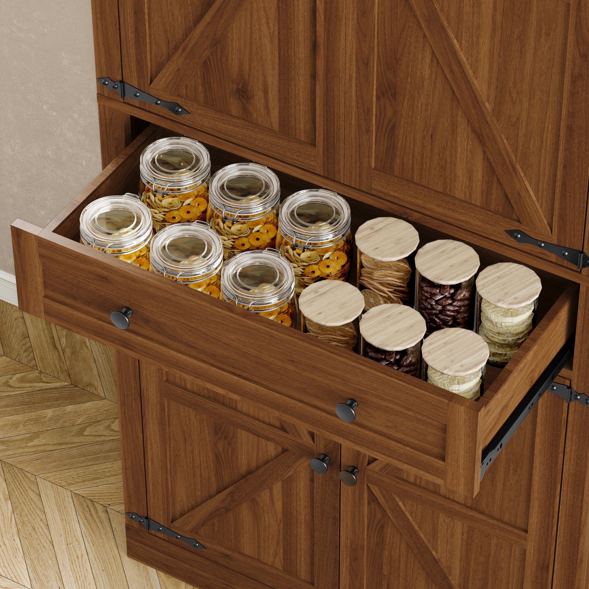 FANRAL 71” Tall Pantry Organizers and Storage Cabinet with Barn Doors & Drawers,Adjustable Shelf for Kitchen Dining Room Living Room Bathroom Office,Walnut Pantry Cabinet