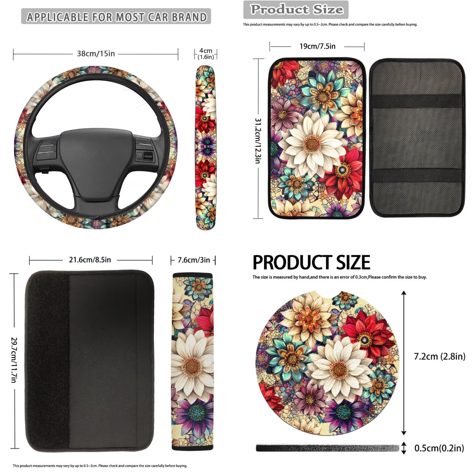 Uorisanigo Dahlia Design Car Seat Covers Full Set with Armrest & Seat Belt Covers, Steering Wheel & Handbrake Protectors, Headrest and Shift Knob Cover, Cup Holder Coaster, Keychains - 18 Pack