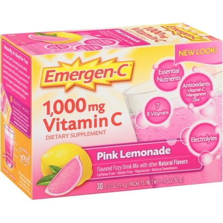 Emergen-C (30 Count Pink Lemonade saveur) Complément alimentaire boisson gazeuse Mélanger avec 1000 mg de vitamine C 033 Packe