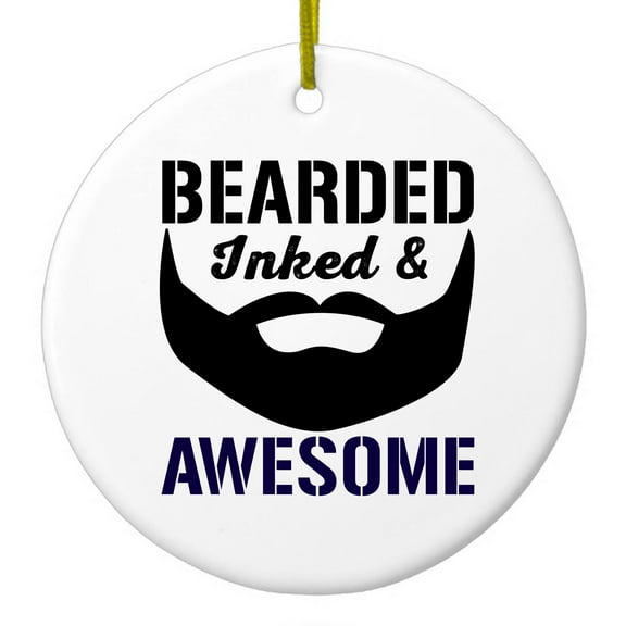 DistinctInk Hanging Ceramic Christmass Tree Ornament with Gold String - Great Gift / Present - 2 3/4 inch diameter - Bearded Inked & Awesome