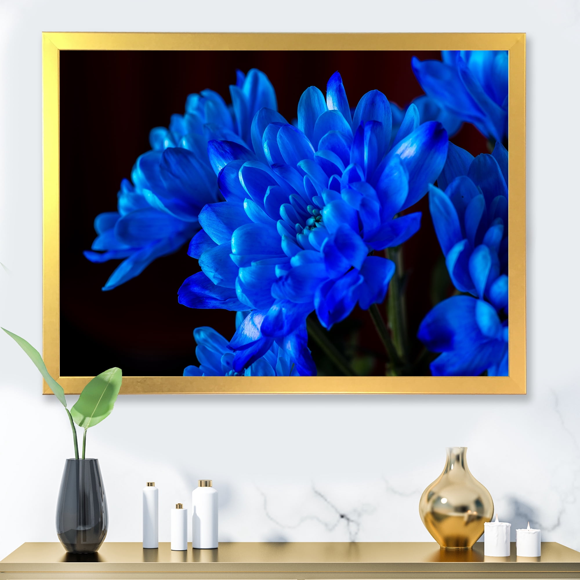 Designart 'Blue Chrysanthemum Flowers On Black Backround' Traditional Framed Art Print