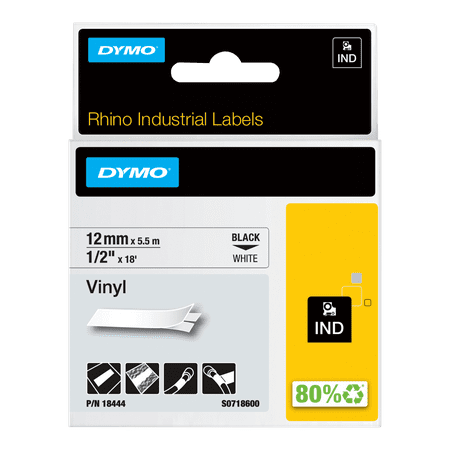 UPC: 0071701184443 | DYMO Rhino Permanent Vinyl Industrial Label Tape  1/2  x 18 ft  White/Black Print