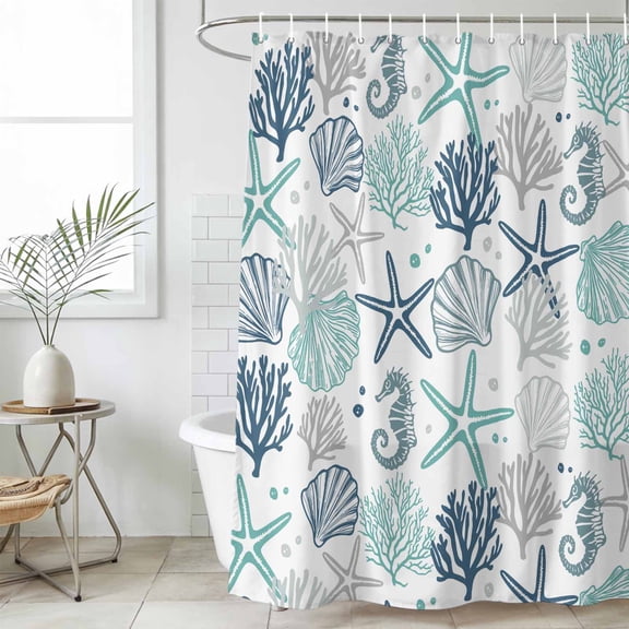Blue Teal Coastal Waterproof Shower Curtain, Large 72"x84" Washable Polyester Fabric Shower Curtains for Bathroom, Summer Beach Starfish Coral Nautical Decorative Bathtub Curtain Sets with Hooks