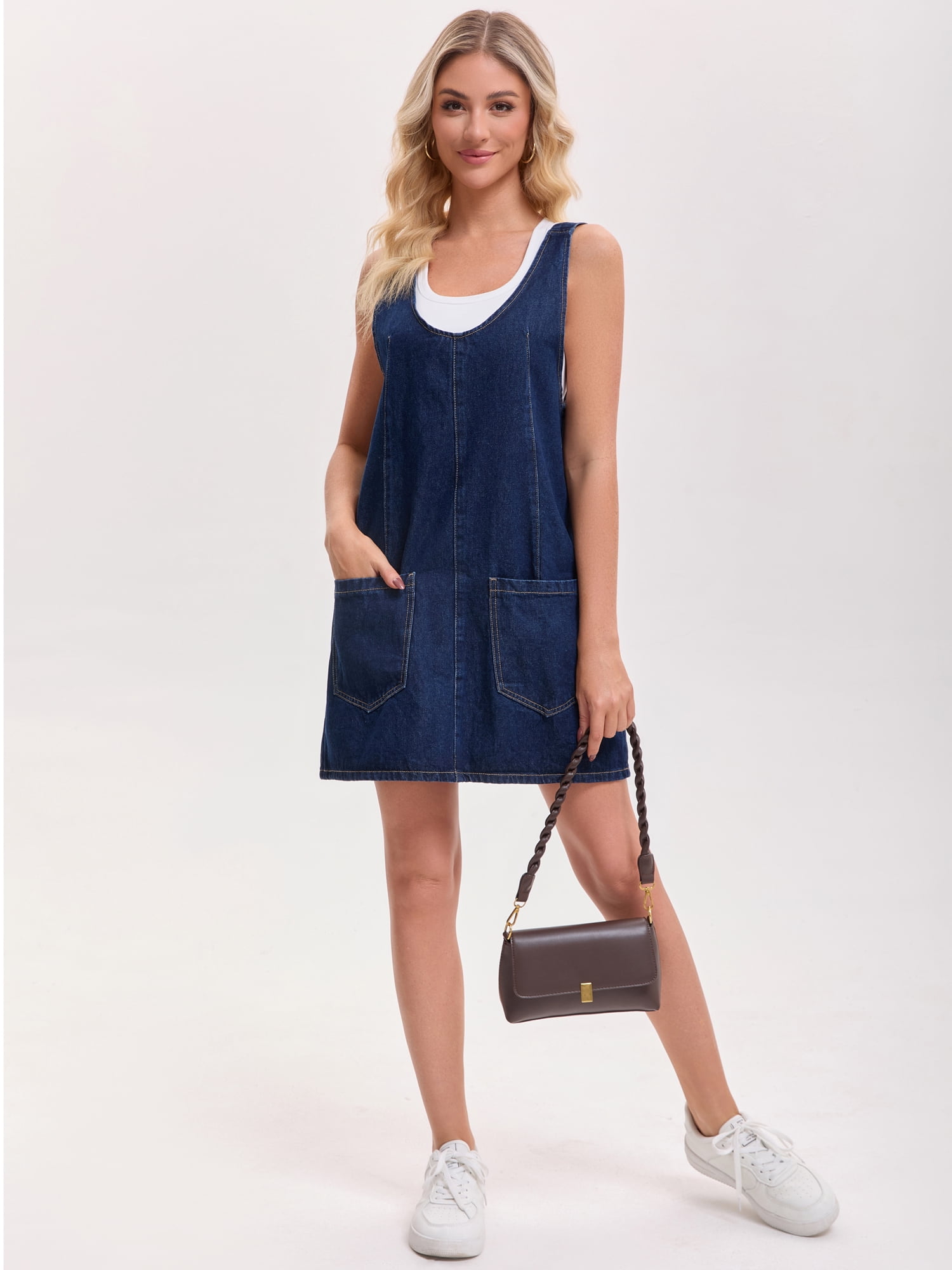 DARING DIVA Women's Loose Sleeveless Pinafore Mini Denim Dresses M Deep Blue