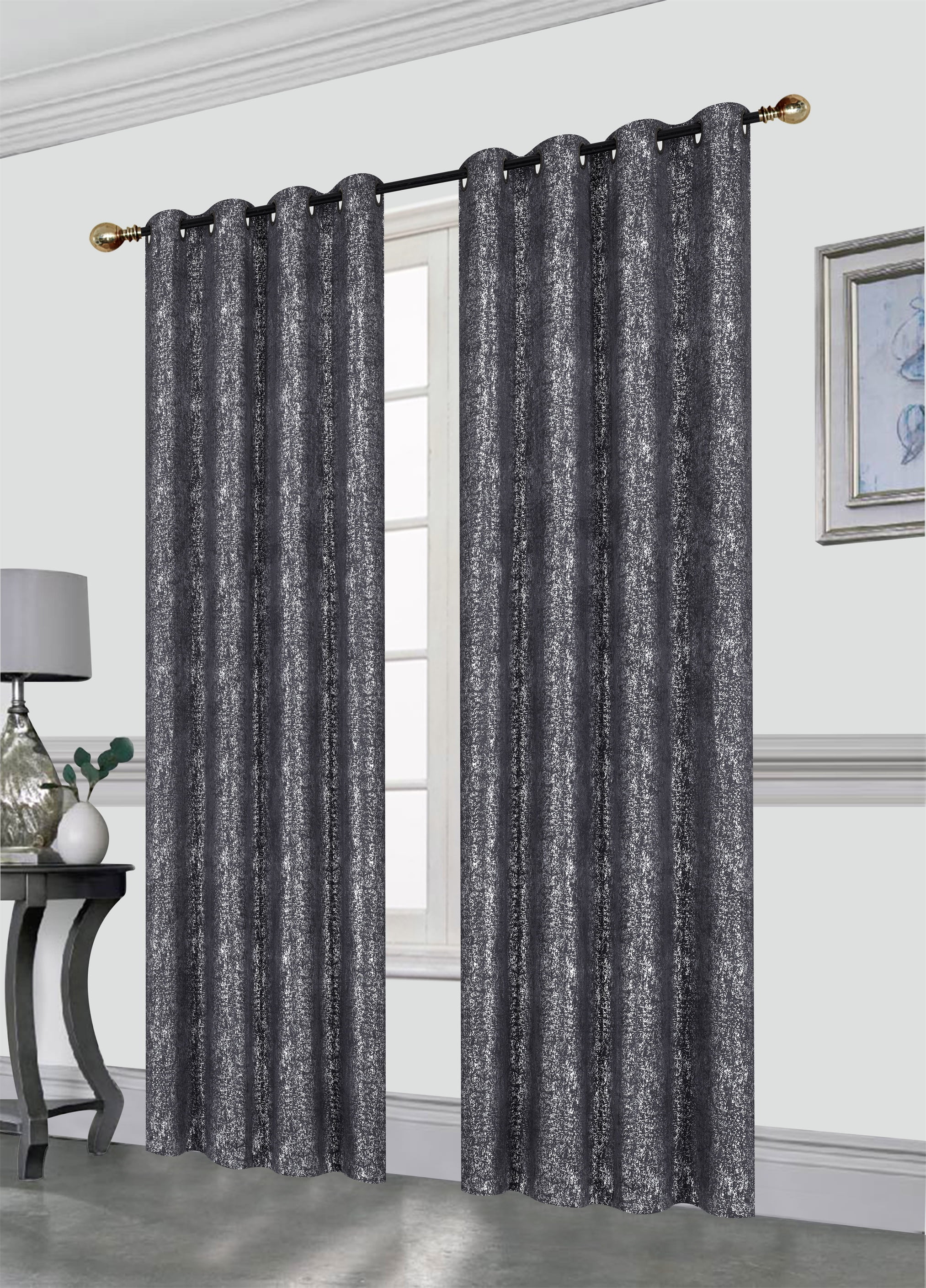 Sabrina Decorative Silver Foil Print 52x84 Blackout Window Curtain