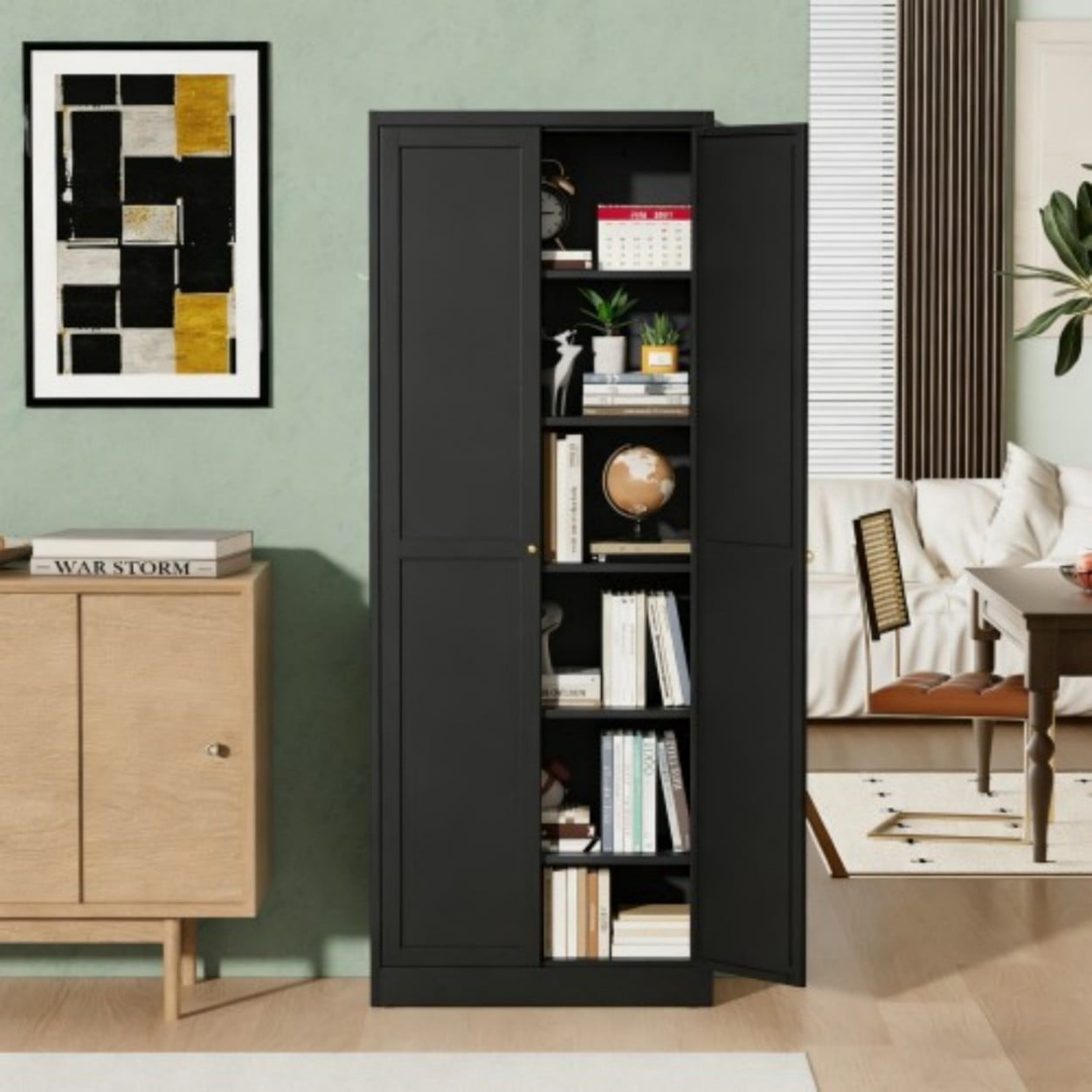 72" White Metal Kitchen Pantry Cabinet with Doors, Heavy Duty Freestanding Storage Organizer, 5 Adjustable Shelves, Tool-Free Assembly Cabinet for Kitchen Bathroom Pantry, Black