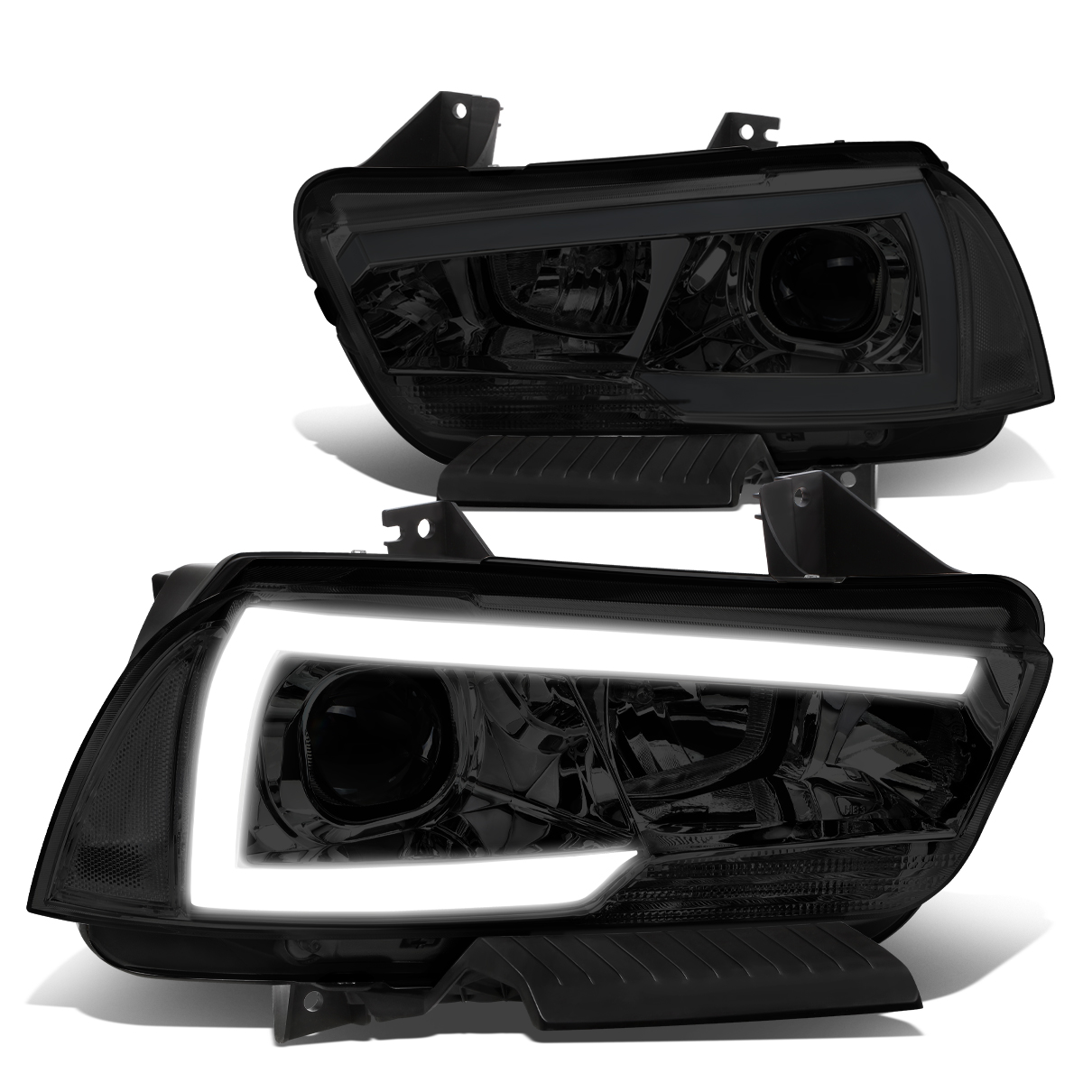 LED DRL Projector Headlights Assembly For 2011-2014 Dodge Charger - Black Housing, Clear Lens, Dual Beam
