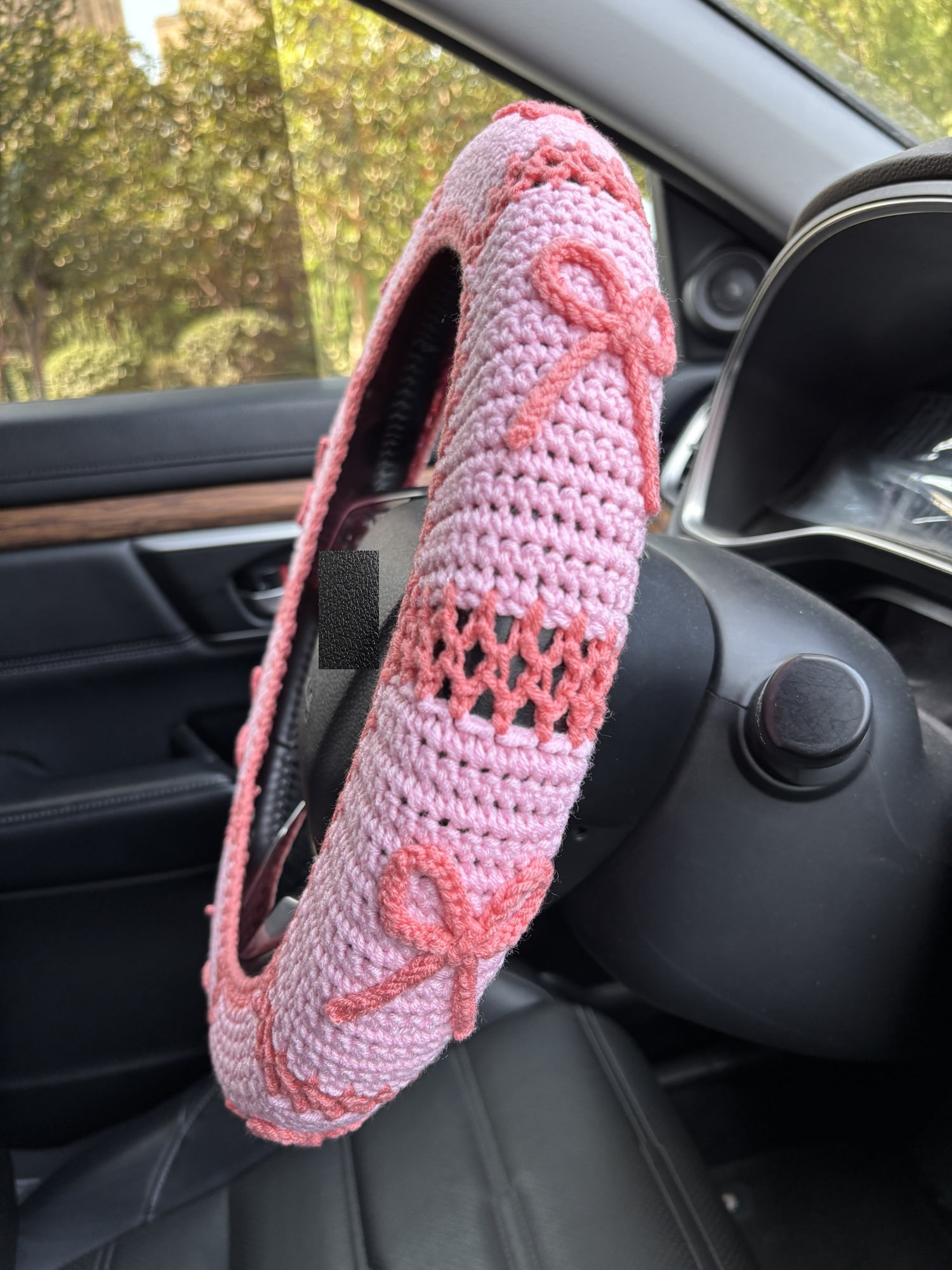 Crochet Pink Bow Car Steering Wheel Cover,Cute Car Interior Accessories
