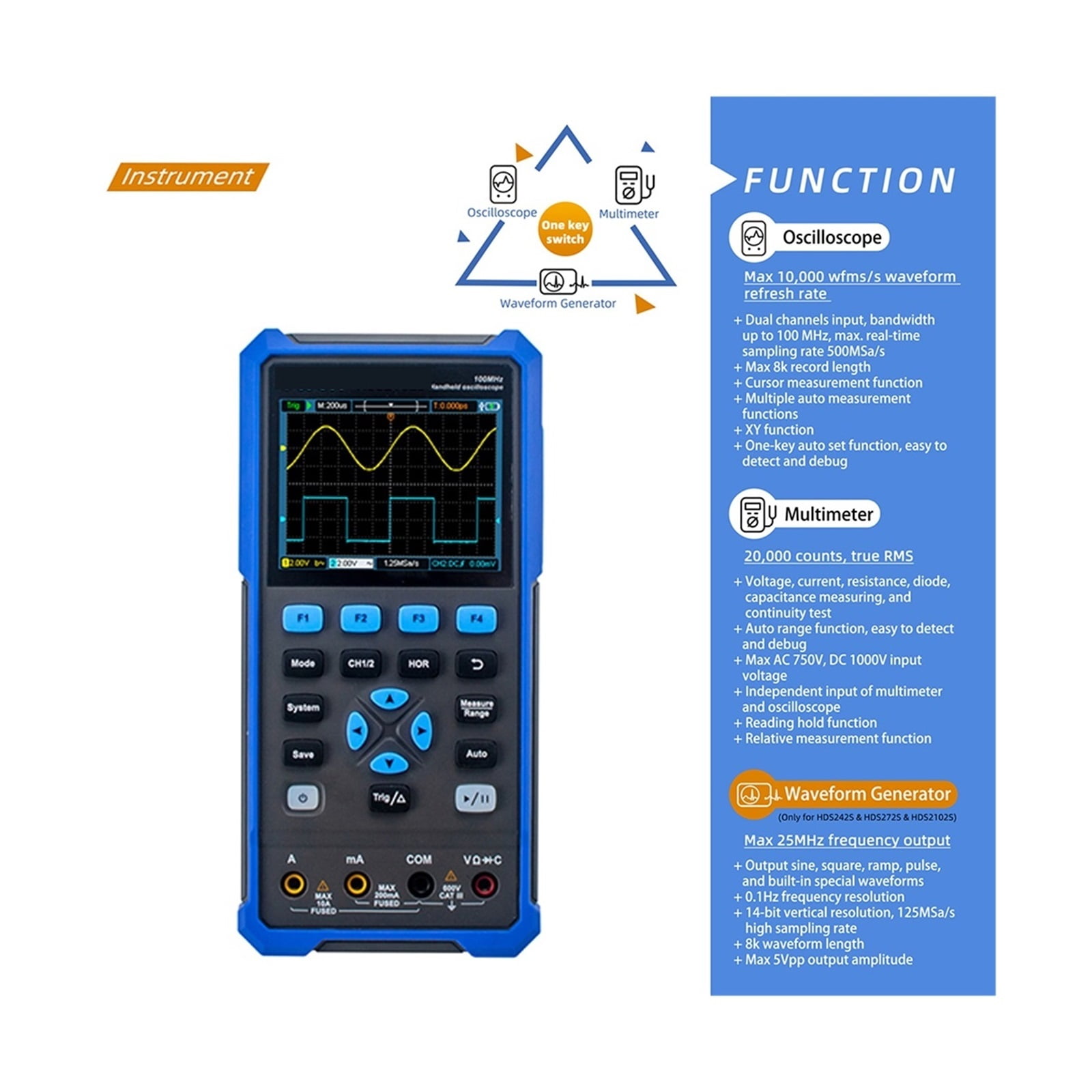 2102S 272S 242S Handheld Digital Oscilloscope 100MHz Bandwidth 500MS 2CH + 1CH Generator Multimeter ,Professional Designed
