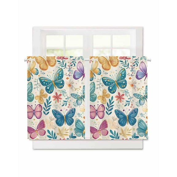 Retro Butterfly Short Blackout Curtains 36 Inch Long Watercolor Flowers Leaves Linen Texture Rod Pocket Kitchen Curtains, 2 Panels Thermal Insulated Room Darkening Drapes for Bedroom, 30"W x 36"L