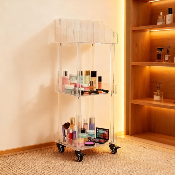 Makeup Organizer Acrylic 3 Tier Rolling Cart Storage Display Case 11.8*9.8*31.7in