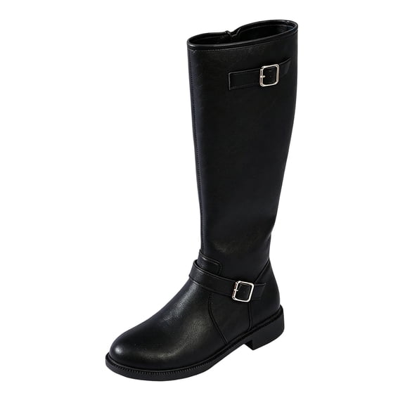 XUNKUSGA Knee High Boots with Side Zipper Comfortable Round Toe Low Heel Riding Boots for Women Classic Vintage Solid Color Buckle Long Boots,5.5