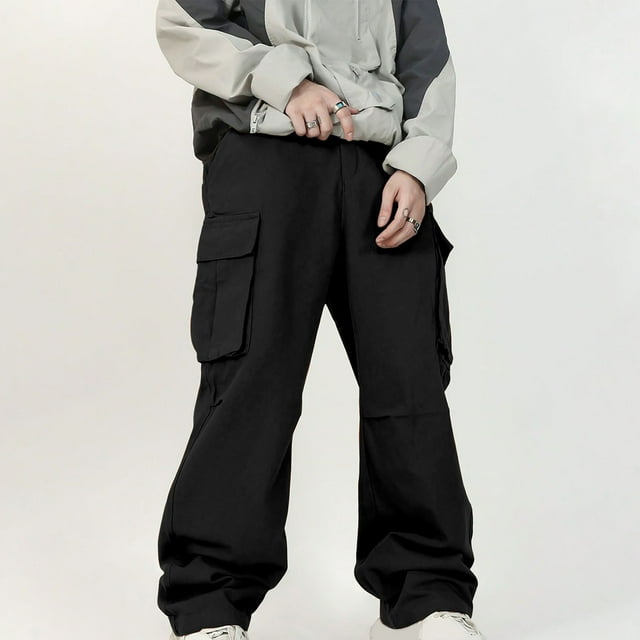 Pantalones cargo deportivos casuales de longitud completa para hombre, con bolsillo y cordón, color sólido, cintura elástica
